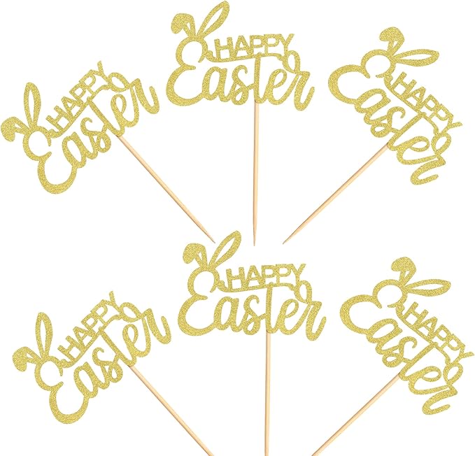 Ercadio 36Pcs Glitter Golden Happy Easter Cupcake Toppers Rabbit Happy Easter Bunny Cupcake Picks for Easter Day Theme Baby Shower Easter Birthday Wedding Anniversary Party Cupcake Decorations