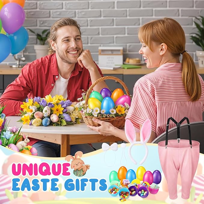 Vinsot 16 Pcs Easter Granny Pants Yard Game Set Oversized Granny Pants with Colorful Easter Eggs, Bowtie, Bunny Ears and Tail, Outdoor Tossing Game Bunny Suit for Spring