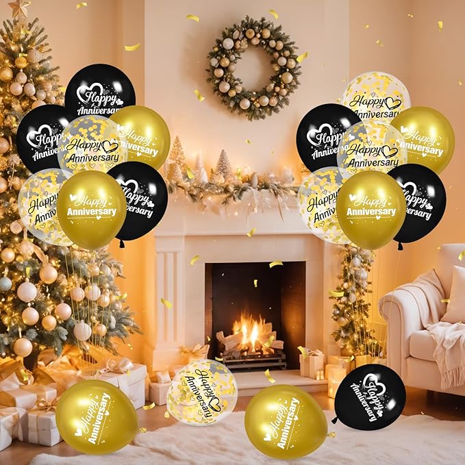 Happy Anniversary Balloons 18Pcs Black Gold Anniversary Party Decorations for Women Men Gold Silver 12Inch Metallic Confetti Anniversary Balloons for Indoor Outdoor Party Supplies