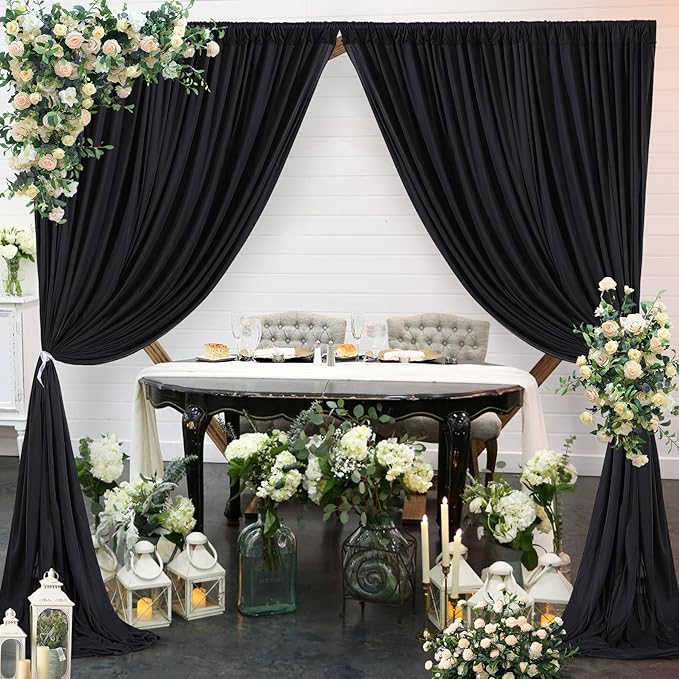 8x10FT Black Backdrop Curtains for Wedding Parties, Wrinkle Free Polyester Photo Backdrop Drapes for Graduation Photography Baby Shower Birthday Stage Background Stand Decorations 4x10ft,2 Panels