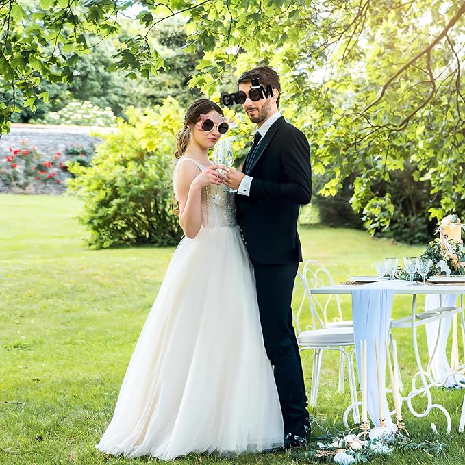 Gadpiparty 2Pcs Groom Bride Party Sunglasses Funny Glitter Party Glasses Fancy Dress Props for Wedding Hen Bridal Shower Bachelorette Decoration