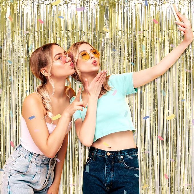 3 Pack Light Gold Foil Fringe Curtain Backdrop, 3.28Ft x 6.6Ft Metallic Tinsel Foil Fringe Streamer Curtains for Photo Booth, Christmas Day, Thanksgiving, Wedding, New Year Party Decorations
