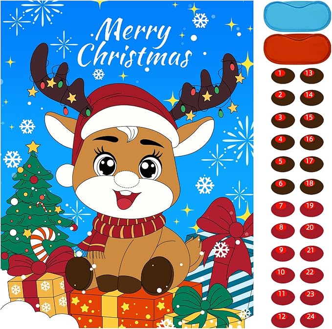 Christmas Games - Pin The Nose on The Reindeer Games for Families Party, Cute Indoor Christmas Home Decor Party Decorations, Xmas Activities Presents Holiday Decor, Blue