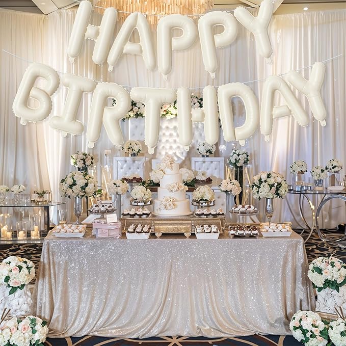 Cream Happy Birthday Balloon Banner, Neutral Beige Happy Birthday Foil Balloon, 16 Inch Ivory White Sand Born Day Bunting Banner Letter Balloons for Men Women Birth Party Decorations Supplies