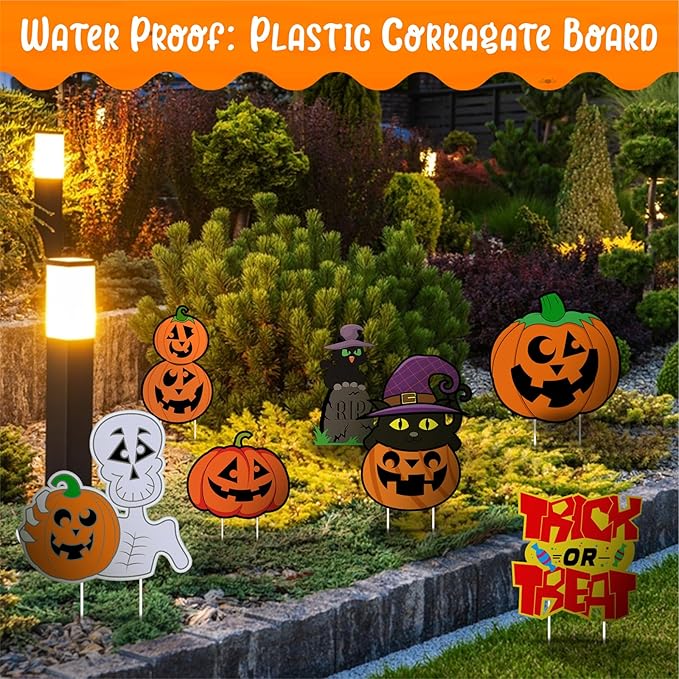 Halloween Pumpkin Decorations, Halloween Outdoor Yard Signs, Monster Stakes for Lawn Garden Decor with Pumpkin, Black Cat, Skull, TRICK OR TREAT 6 pcs