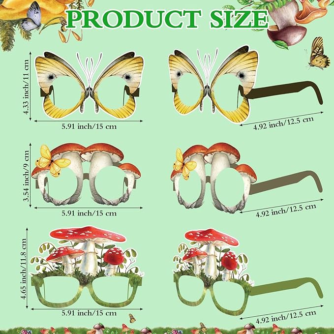 Pajean 36 Pcs Enchanted Forest Party Decorations Mushroom Themed Eyeglasses Wild Mushrooms Paper Glasses Photo Booth Props Frame Favors for Woodland Shower Birthday Party Decor Supplies