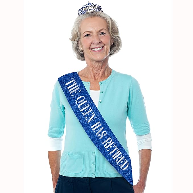 Retirement Tiara & Sash Set – “The Queen Has Retired” Crown & Sash for Parties, Events & Celebrations (Blue)