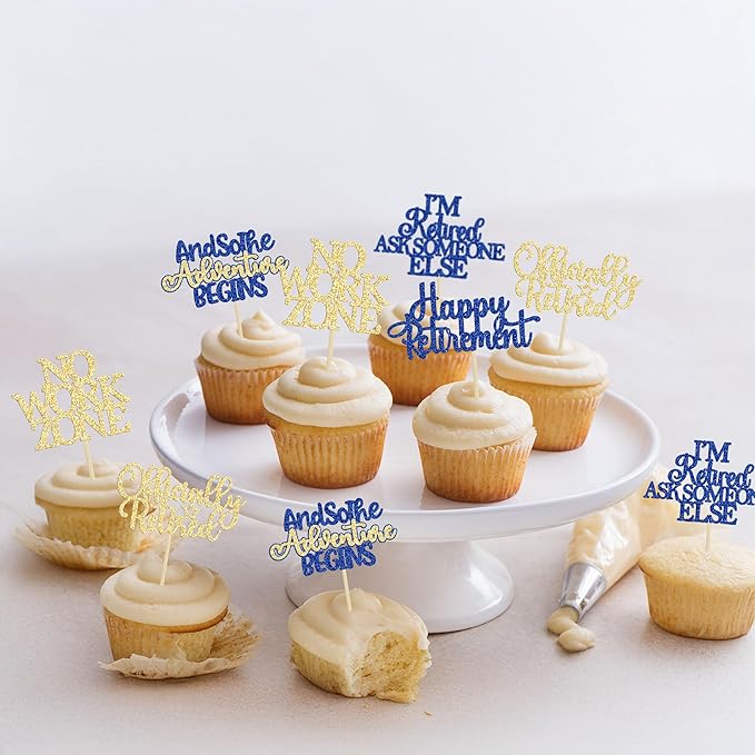 Gyufise 30Pcs Happy Retirement Cupcake Toppers Officially Retired Cake Toppers No Work Zone Adventure Begins Cupcake Picks for Retirement Theme Farewell Birthday Party Decorations Supplies Blue Gold