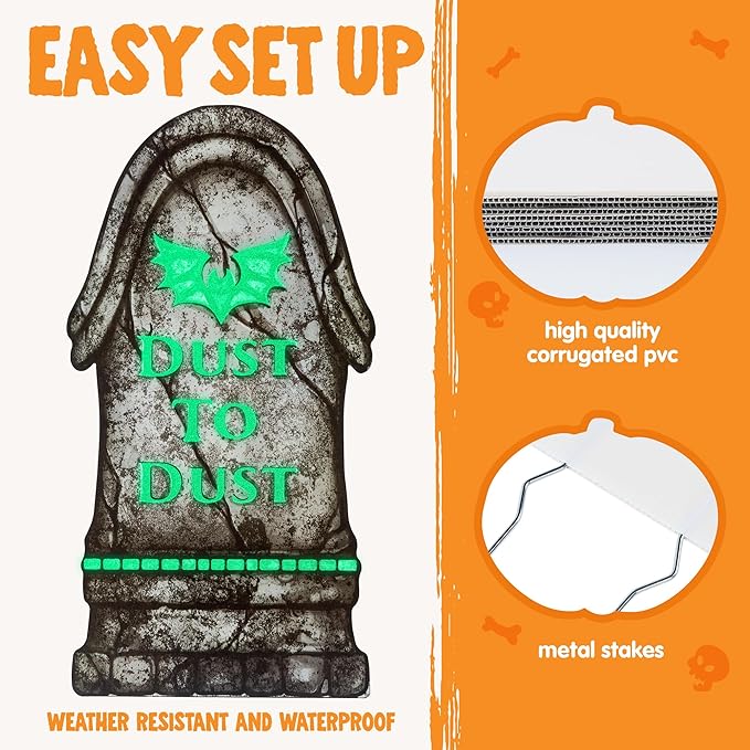 JOYIN 15.7” Halloween Decorations Outdoor Graveyard Tombstones Fluorescent, 7 Pcs Glow in The Dark with Black Light Spotlight Headstone with 12 Metal Stakes, Tombstone for Cemetery Outside Yard Decor