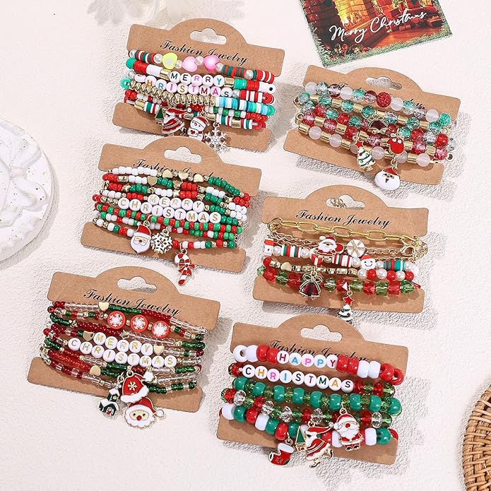 Cooluckday 36 Pcs Holiday Heishi Surfer Bracelets for Women Bulk Easter Mother's Day Christmas St. Patrick's Day Mardi Gras Bracelet Stackable Stretch Friendship Bracelets Set