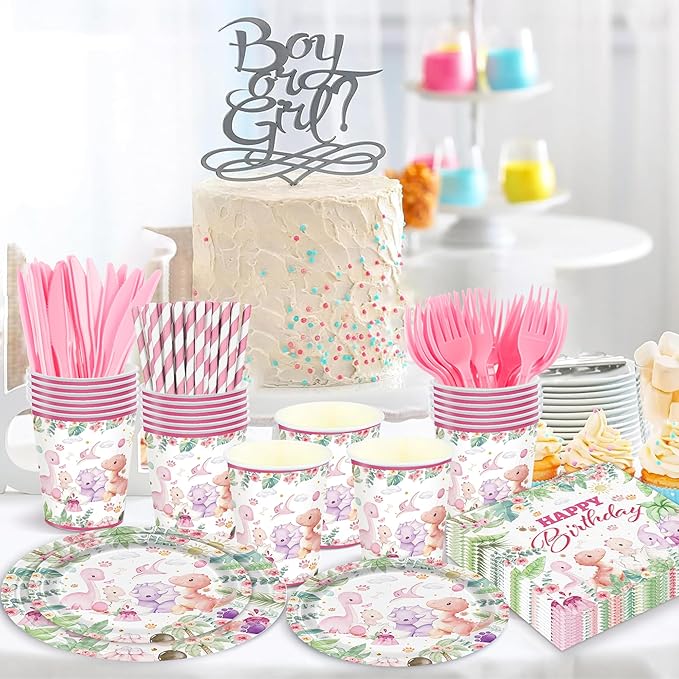 168PCS Dinosaur Party Supllies for Girls Pink Cartoon Dino Birthday Party Decorations Watercolor Dino Plates Cups Napkins Cups Forks Knives and Straws Tableware Set for 24 Guests