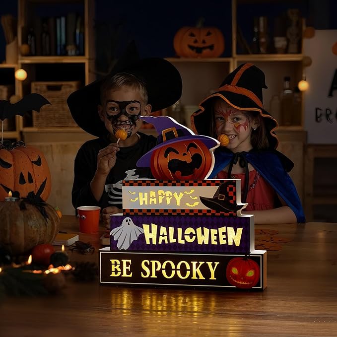 WBao Halloween Decorations Indoor 9.4inch Premium Wooden Block Set with Glowing 3D Letters, Timer, Battery Powered Rustic Farmhouse Centerpiece for Home, Table, Mantel, Shelf Halloween Party Decor