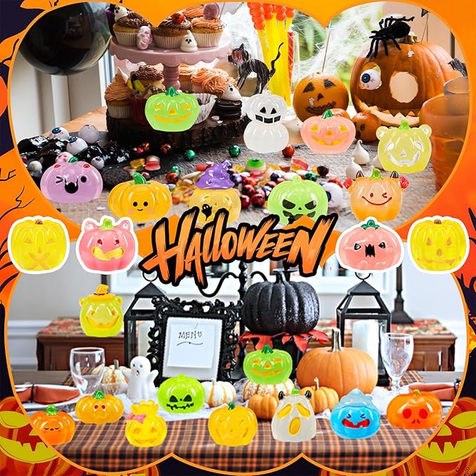 36 Pcs Halloween Luminous Mini Resin Pumpkin Figures Fall Small Resin Pumpkin Decoration Glow in The Dark Artificial Pumpkin Miniatures to Hide for Crafts Dollhouse Halloween Party Home Table Decor