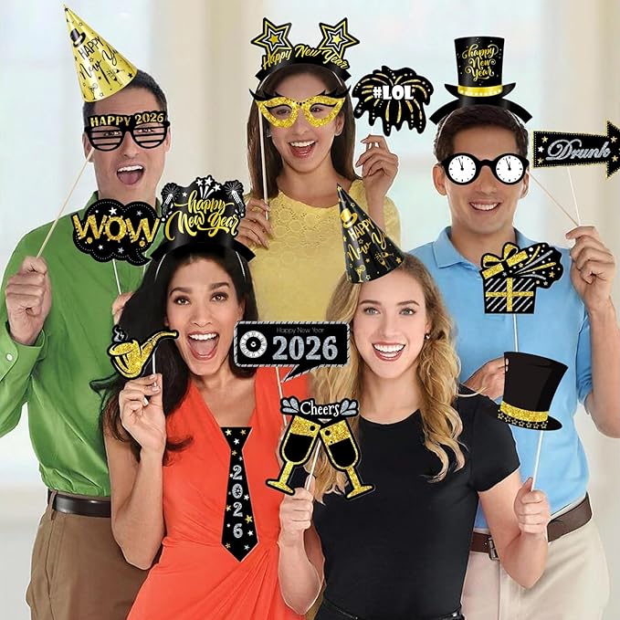 YVAINE 48 Pieces New Years Eve Party Supplies 2026 Black Gold Happy New Year Decorations Kit Includes 6 New Years Party Hats 6 Headband Tiaras 12 Noise Makers and 24 Happy New Year Photo Booth Props