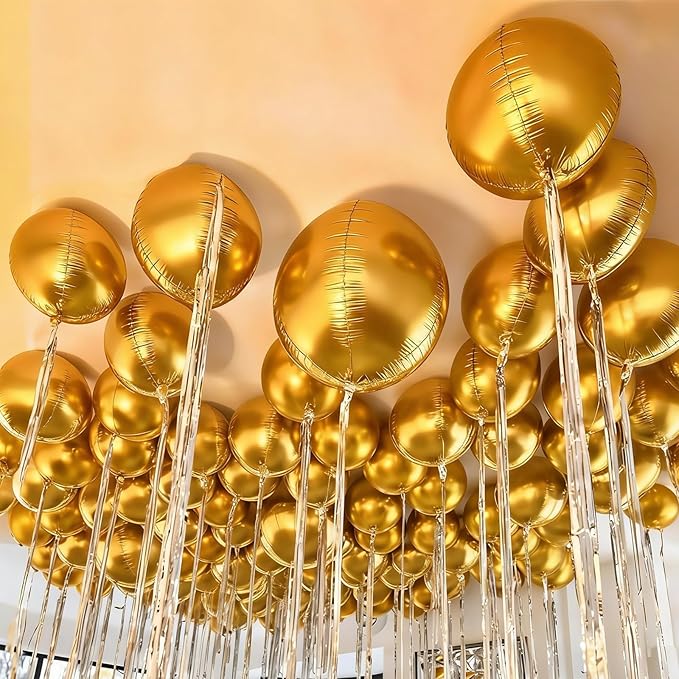 12Pcs Gold Round Balloons Foil, 22" 18" 15" 10" 4D Round Ball Balloon, Giant Metallic Gold Foil Balloons for Graduation Prom Disco Wedding New Year Birthday Party Decorations Backdrop