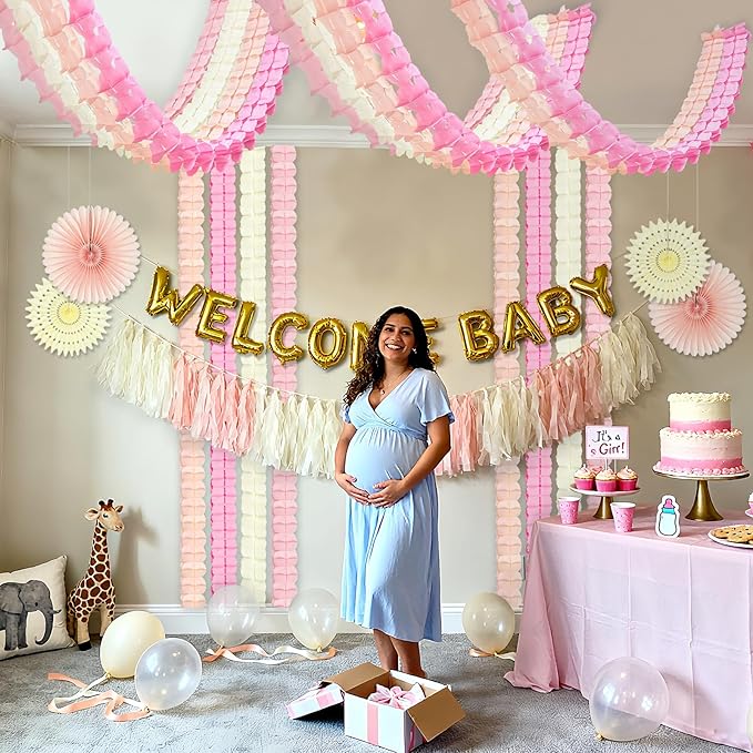12Pcs Pink Party Decorations Kit, Hanging Cream Peach and Pink Paper Streamers Garland for Girls Women Baby Bridal Shower Wedding Graduation Birthday Galentines Day Valentines Day Decorations