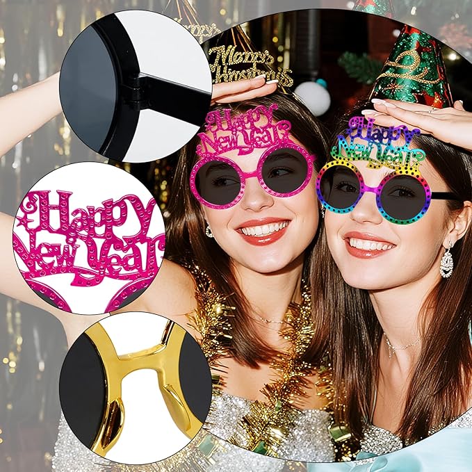 hoyuwak 6 PCS Happy New Year Eyeglasses Glitter Funny New Year Party Glasses Funny Party Sunglasses for Party Supplies