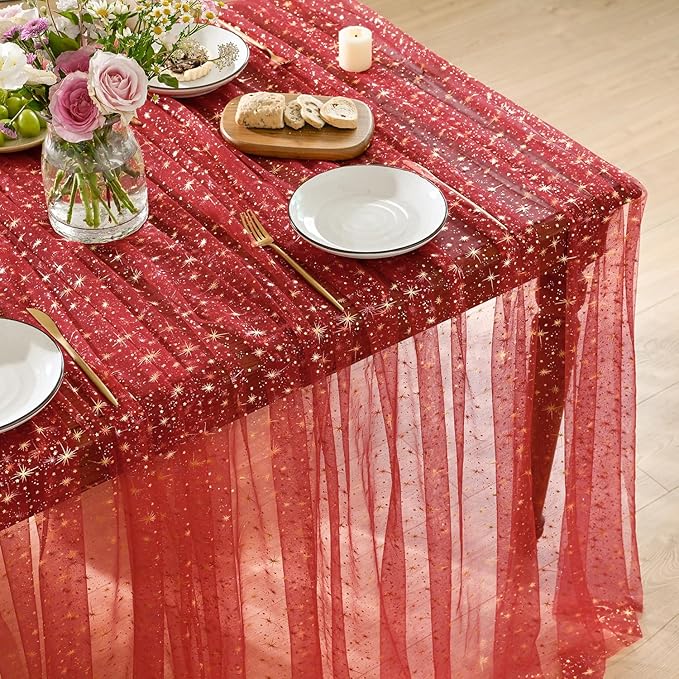 Horaldaily Red Gold Sparkling Star Gauze Tablecloth 60x84 Inch Rectangular, Golden Star Sequin Glitter Metallic Foil, Sheer Tulle Cheesecloth for Wedding Baby Shower Party