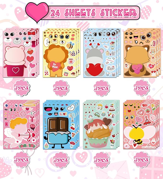 Valentines Stickers for Kids - Valentines Day Gifts for Kids School Classroom - DIY Valentine's Crafts Treats Party Favors Valentine Day Decorations(24 Sheets)