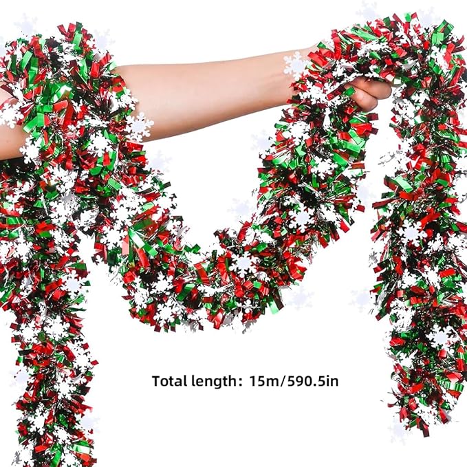 50 Feet Green Red Christmas Metallic Tinsel Twist Hanging Garland with Snowflake for Home Mantle Xmas Tree Staircase Railing New Year Holiday Party Indoor Outdoor Decorations