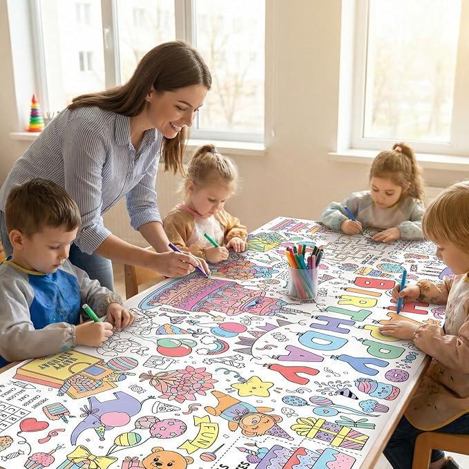Happy Birthday Giant Coloring Poster/Tablecloth, 30 x 72 Inch Birthday Craft for Kids Art Crafts Paper Banner Kid Games Activities,Coloring Tablecloth Crafts for Classroom Wall School Home Parties
