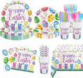 MEHOFOND 194pcs Easter Plates and Napkins, Happy Easter Paper Plates and Napkins Disposable, Spring Colorful Bunny and Eggs Theme Round Tableware, Rabbits Easter Party Supplies Table Decor, Serves 24