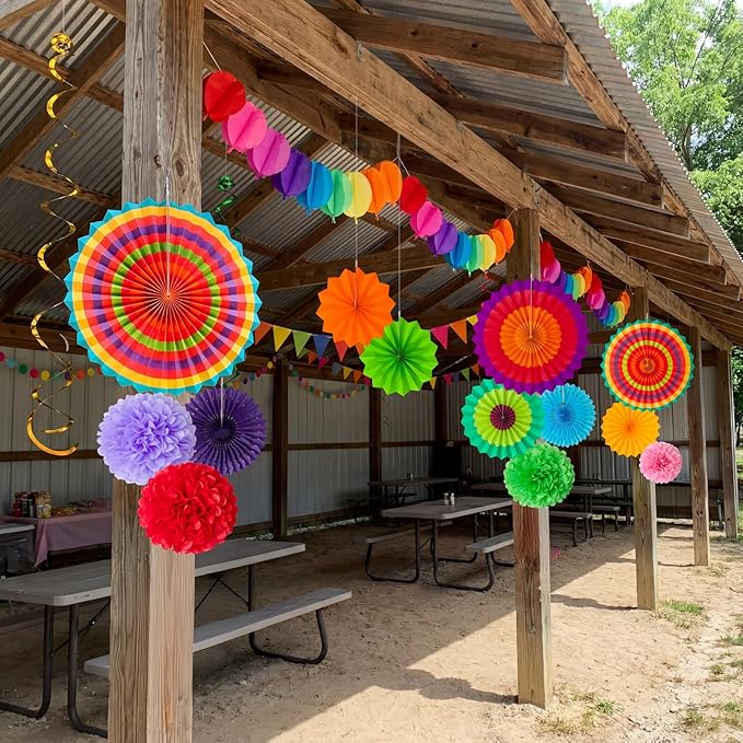35PCS Fiesta Paper Fan Party Decorations Set - Cinco De Mayo Pom Poms,Pre-assembled Pennant,Garland String,Banner,Hanging Swirls Hispanic Heritage Month Decor Supplies,Multicolored