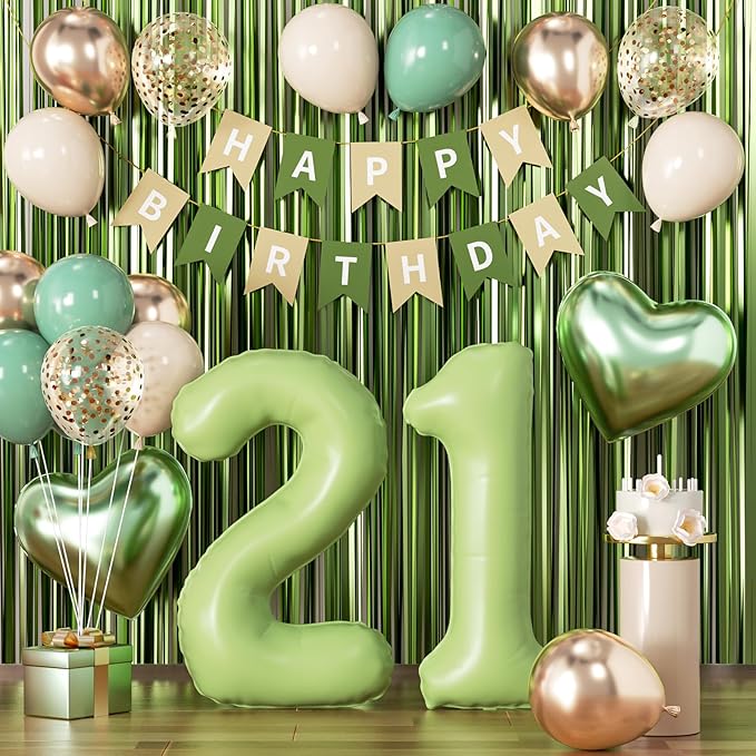 Sage Green 21st Birthday Decorations, Finally 21 Party Supplies for Her Him, Sand White & Cream Balloon Kit with Green Number 21 Balloon and Fringe Curtains