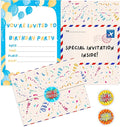 36 Kids Childrens Birthday Party Invitations with Folding Envelope Design and Holographic Stickers (Blue)