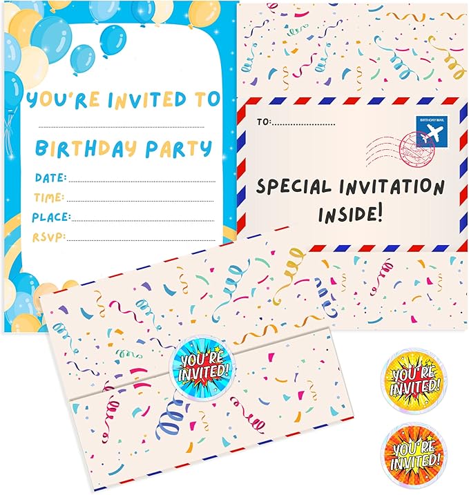 36 Kids Childrens Birthday Party Invitations with Folding Envelope Design and Holographic Stickers (Blue)