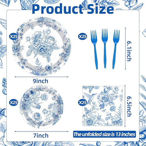 100 Pcs Blue and White Floral Tableware Party Supplies Set, Serves 25 – Disposable Elegant Flower Paper Plates, Napkins, and Plastic Forks for Wedding, Bridal Shower, Birthday, Garden Tea Decorations