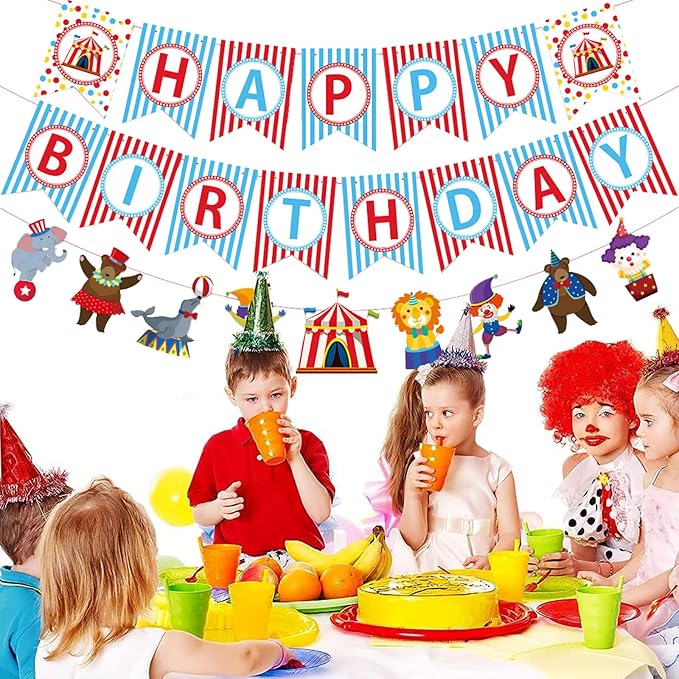 Zwiebeco Circus Happy Birthday Party Decoration Banner Hanging Colorful Paper Amusement Park Theme Bunting Sign for Boys Girls Babys Kids Funfair Carnivals Accessories Supplies
