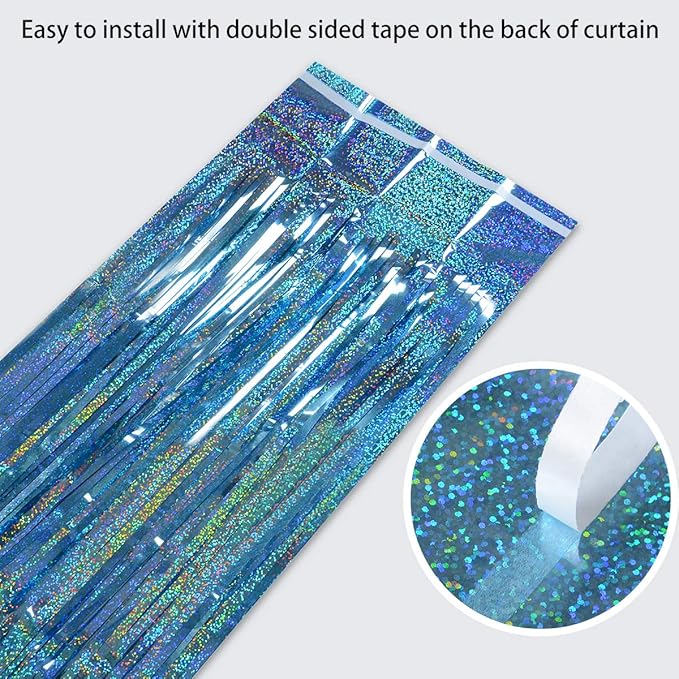 Foil Fringe Curtains Easter Decorations for Home - Melsan 3 Pack 3.2 x 8.2 ft Tinsel Curtain Party Photo Backdrop for Birthday Party Baby Shower or Graduation Decorations Light Blue