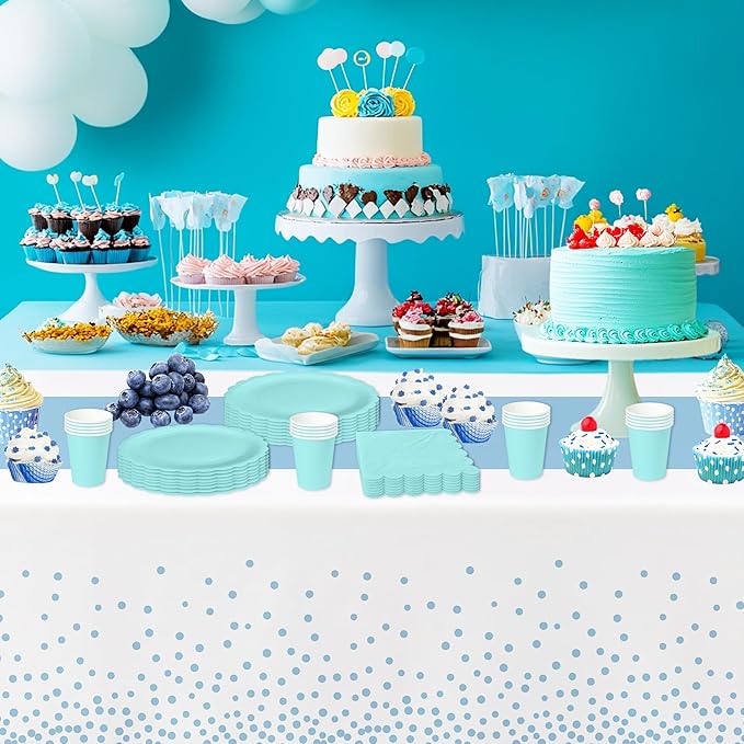 White and Blue Party Decorations Tablecloth, 3 Pack Disposable Light Blue Dot Table Cover Printed Table Runner for Birthday Baby Bridal Shower Wedding Anniversary Graduation, 86in x 55in