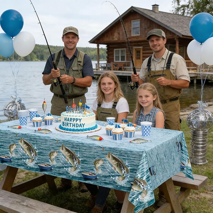 4 Pack Fish Tablecloths, Fishing Birthday Party Decorations, Gone Fishing Plastic Tablecloths for Bass Ofishally One Birthday Decorations, 54" × 108"