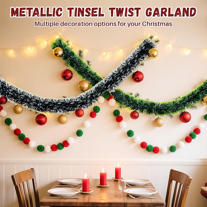 32.8FT RAINFLOW White Green Christmas Garland - Christmas Tinsel Garland Decorations for Xmas Tree Fireplace Mantel Stairs Railing Winter Theme Party Wedding Supplies Indoor Outdoor Holiday Decor