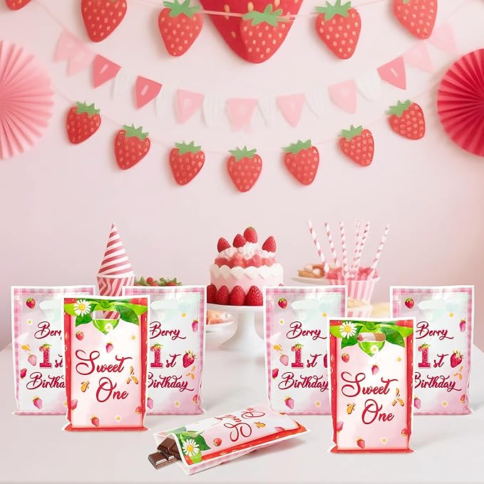 ArianQicult Berry First Birthday Party Favor Bags - 50Pcs Strawberry Sweet One Goody Candy Treat Gift Bags 1st Birthday Party Decorations for Kids Boys Girls Baby Shower Party Supplies