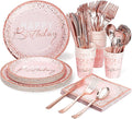 175PCS Happy Birthday Plates and Napkins Party Supplies, Paper Pink and Rose Gold Plastic Forks Knives Spoons Serve 25 Guests for Girl Women