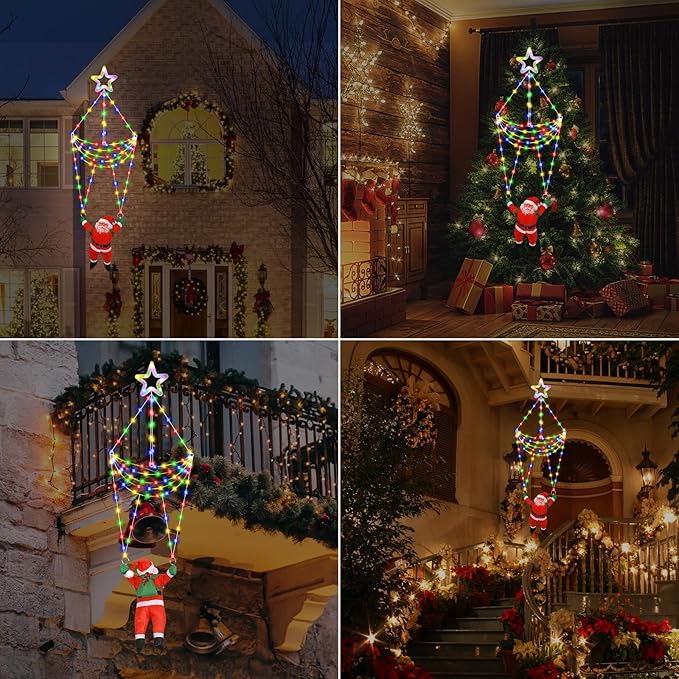 DANLI LED Christmas Parachute Lights with Santa Claus, 3.66ft, 8 Modes Hanging Lights for Indoor Outdoor Porch Roof Eave Balcony Home Decor