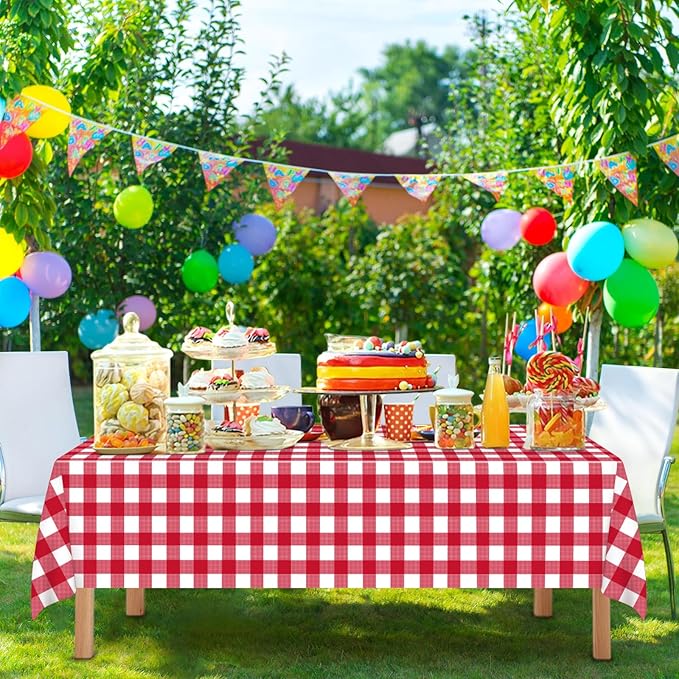 4 Pcs Red Checkered Tablecloth 54 ×108 Inches Rectangle Red Gingham Tablecloth Disposable Plastic Waterproof Table Cover for Outdoor Picnic, Kitchen, Holiday Birthday Party