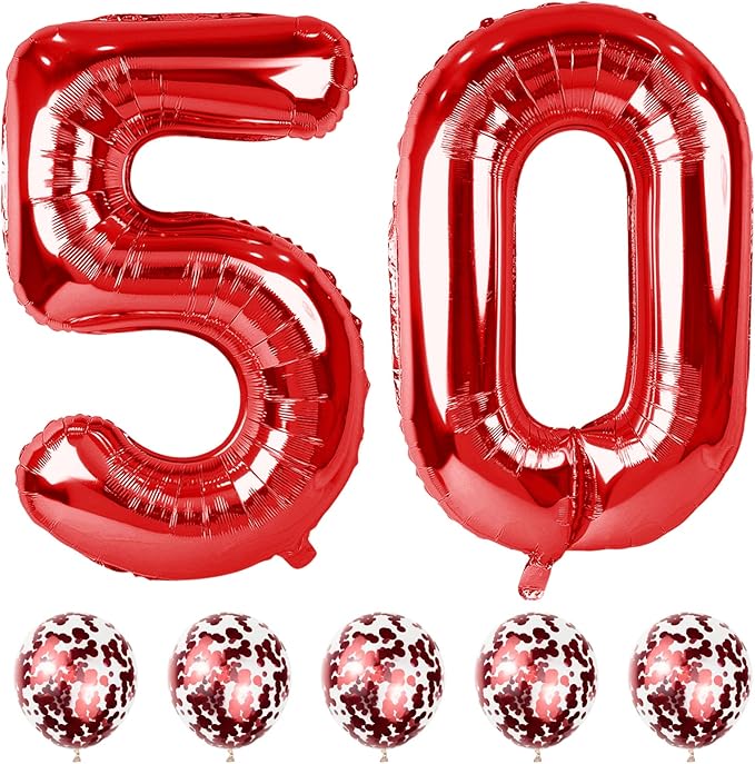 Large 50 Balloon Number Red, 40 Inch Helium Foil Number 5 & 0 Balloons Self Inflating with Red Confetti Balloons Set for Women Men 5th 50th Birthday Party Balloons Decorations/Anniversary Supplies