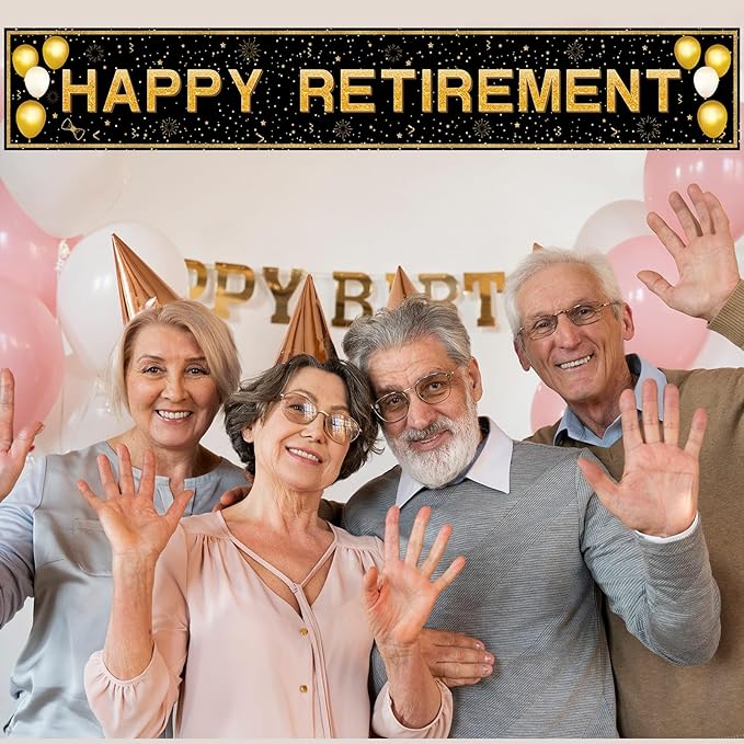 Retirement Party Decorations, Large Black and Gold Happy Retirement Banner, Retirement Party Decorations Men, Retirement Banner for Women (118" X 20")