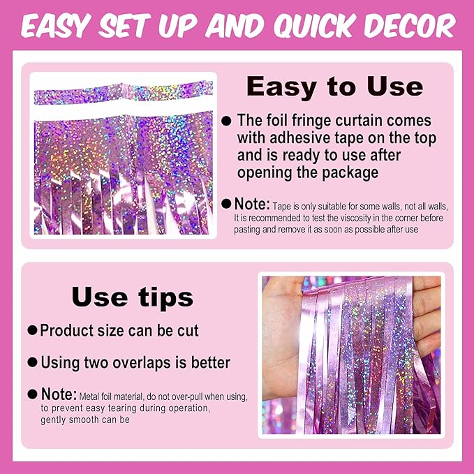 6 Pack Pink Foil Fringe Curtains Backdrop, 3.28 x 8.2 Ft Metallic Streamers Tinsel Curtains Background for Photo Booth, Birthday, Christmas, Halloween, Thanksgiving, New Year Party Decorations