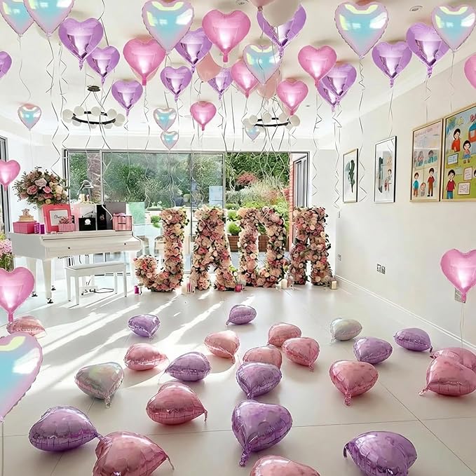 Pink Purple Iridescent Heart Balloons, 12 Pcs Light Pastel Pink Lavender and Transparent Crystal Heart Shape Foil Balloon for Princess Birthday Baby Shower Bachelorette Easter Mother’s Day Music Party