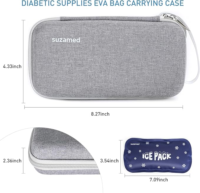 suzamed Insulin Cooler Travel Case,EVA Insulation Travel Medicine Kit with 2 Ice Packs for Diabetes Care,Insulin Pen and Other Diabetic Supplies (Grey)