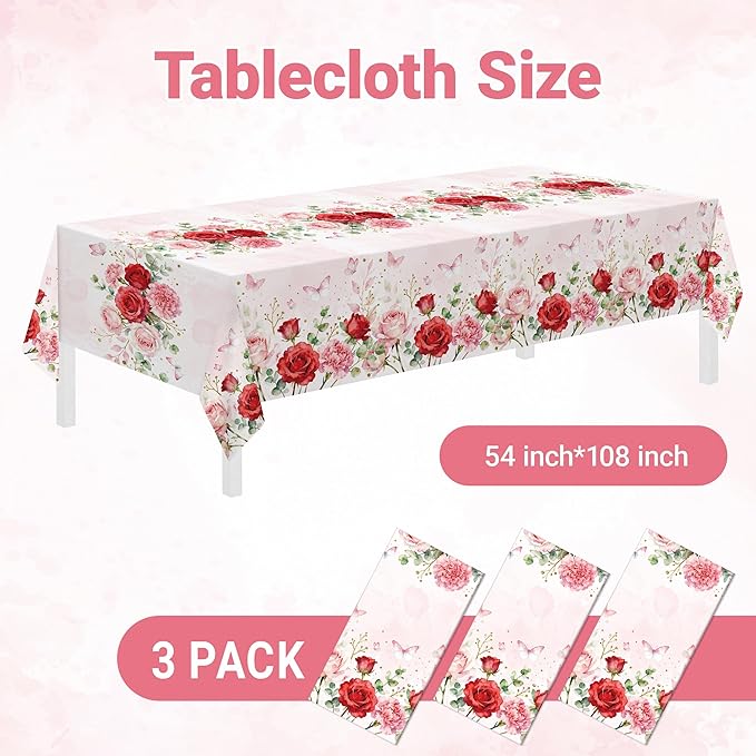 Childom 3 Pack Mothers Day Decorations,Mothers Day Tablecloth,54" x 108" Disposable Plastic Table Cloth for Rectangle,Pink Table Cover for Mom Birthday,Party Supplies,Home,Dinner,Indoor,Outside