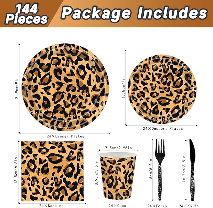 144PCS Leopard Print Party Supplies Cheetah Print Party Tableware Set Paper Plates Napkins Cups Cutlery for Birthday Shower Baby Shower Jungle Safari Theme Party Decorations Serve 24