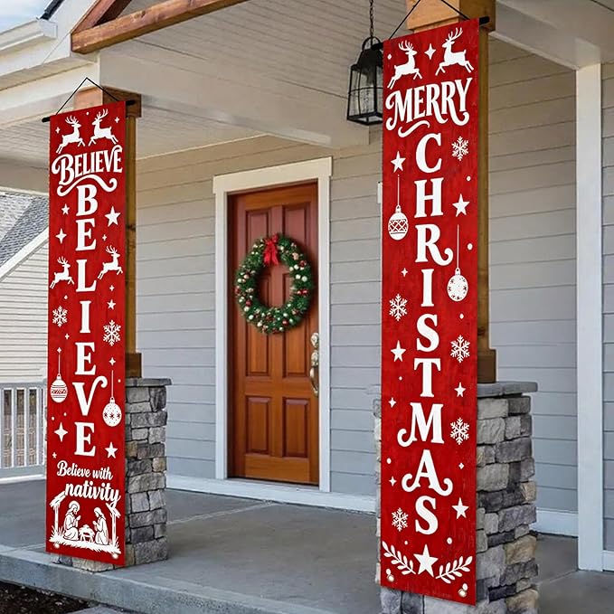 Nuxovilar Believe Merry Christmas Ornament Decor Polyester Banner 12x70.86 Inches Christmas Door Banner, Inspirational Decor for Church, Lounge, Festive Gatherings