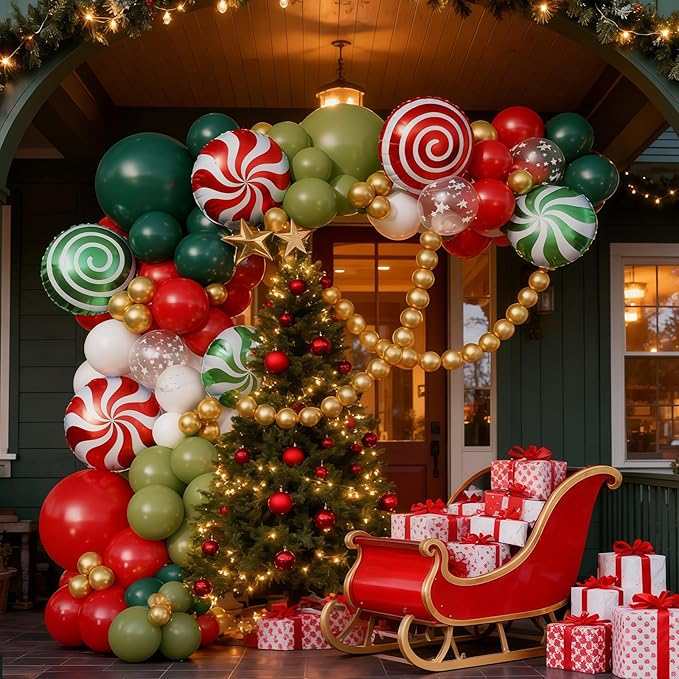 Christmas Balloon Arch Garland Kit, 127Pcs Dark Sage Green and Red White Xmas Balloon with Star Print & Candy Cane Foil Balloons for Merry Christmas Holiday Woodland Winter New Year Party Decorations