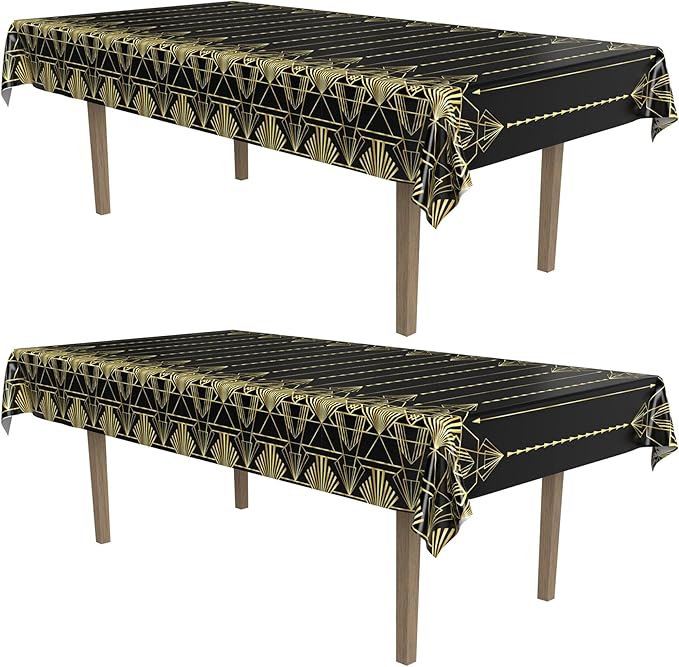 Beistle 2-Count Great 1920s Tablecover, Art Deco Decor & Table Decorations for Party, Hollywood Decor, Plastic Black & Gold Plastic Cover, 54" x 108"